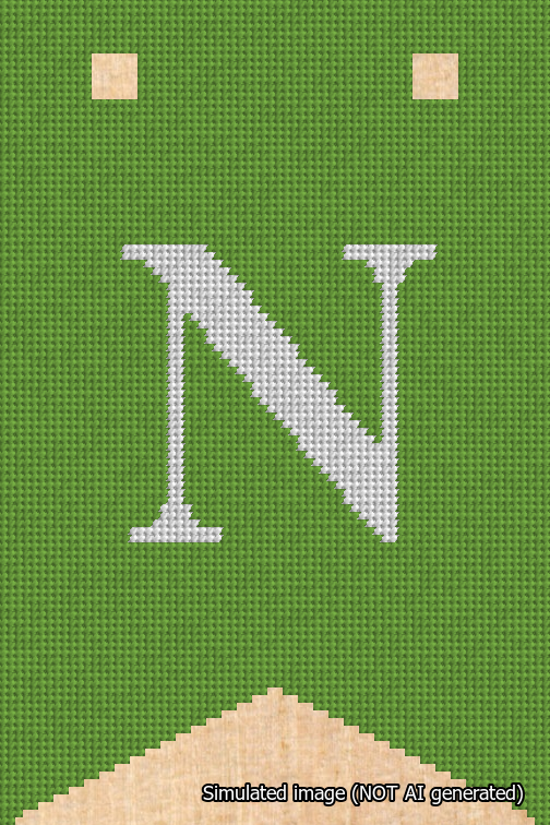 A simulated image of the stitched needlepoint design: Banner 18m Forked N White on Light Green. Not A.I. generated.