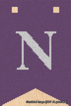A simulated image of the stitched needlepoint design: Banner 18m Forked N White on Purple. Not A.I. generated.