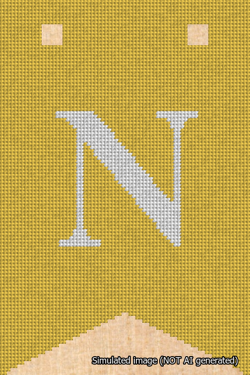 A simulated image of the stitched needlepoint design: Banner 18m Forked N White on Yellow. Not A.I. generated.