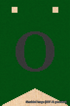 A simulated image of the stitched needlepoint design: Banner 18m Forked O Black on Green. Not A.I. generated.