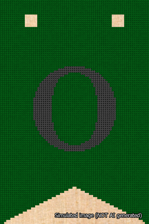 A simulated image of the stitched needlepoint design: Banner 18m Forked O Black on Green. Not A.I. generated.