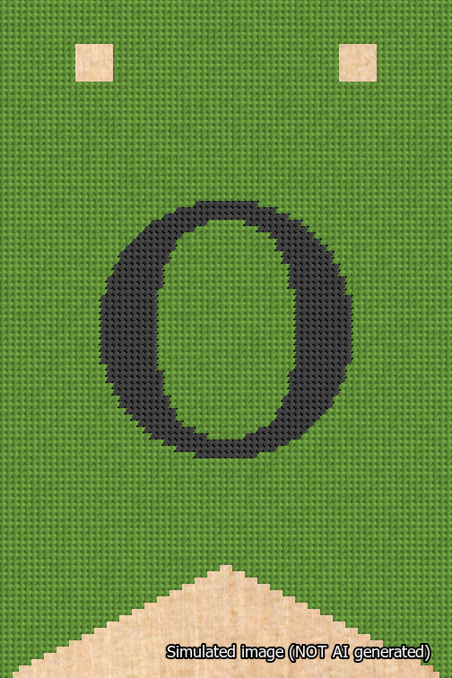 A simulated image of the stitched needlepoint design: Banner 18m Forked O Black on Light Green. Not A.I. generated.