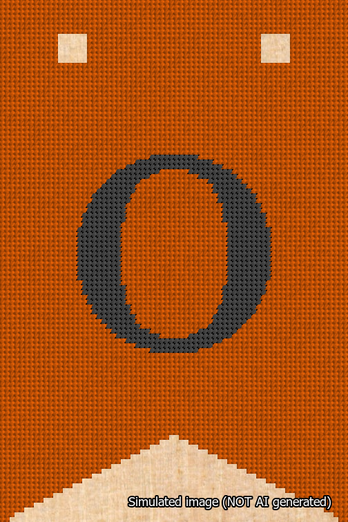 A simulated image of the stitched needlepoint design: Banner 18m Forked O Black on Orange. Not A.I. generated.