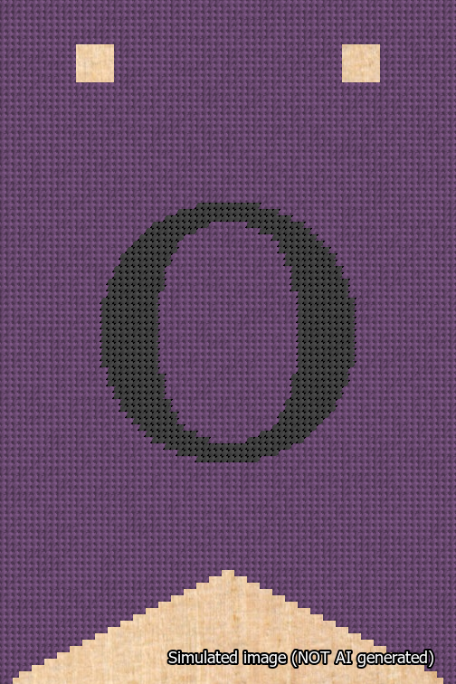 A simulated image of the stitched needlepoint design: Banner 18m Forked O Black on Purple. Not A.I. generated.