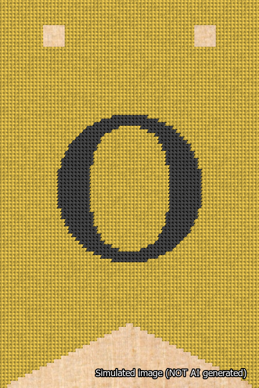 A simulated image of the stitched needlepoint design: Banner 18m Forked O Black on Yellow. Not A.I. generated.