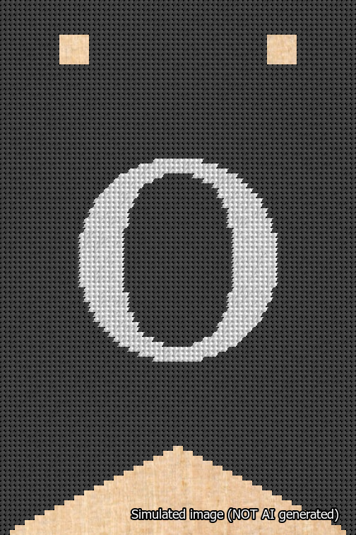 A simulated image of the stitched needlepoint design: Banner 18m Forked O White on Black. Not A.I. generated.