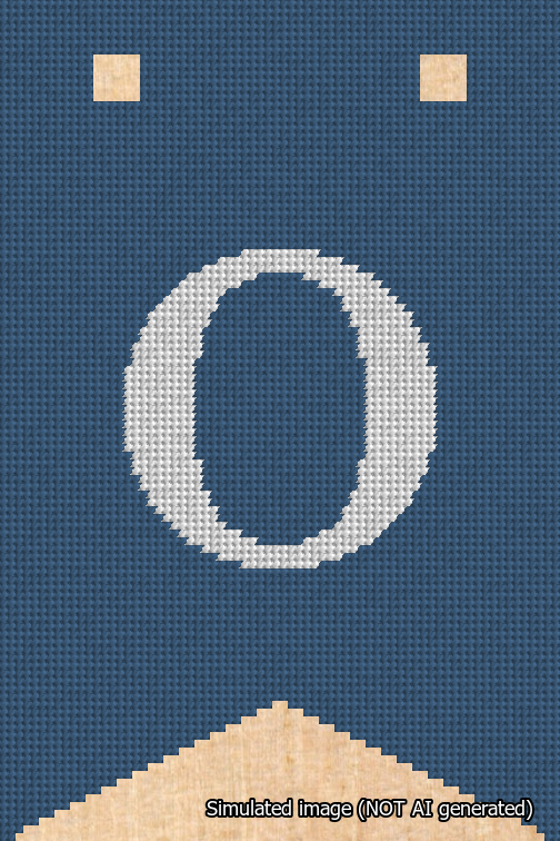 A simulated image of the stitched needlepoint design: Banner 18m Forked O White on Blue. Not A.I. generated.