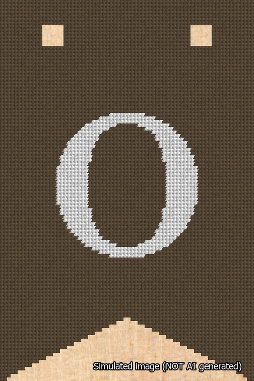 A simulated image of the stitched needlepoint design: Banner 18m Forked O White on Brown. Not A.I. generated.