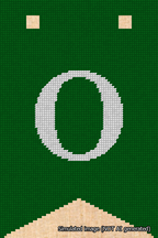 A simulated image of the stitched needlepoint design: Banner 18m Forked O White on Green. Not A.I. generated.
