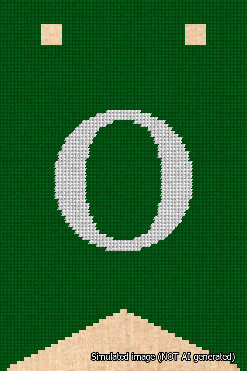 A simulated image of the stitched needlepoint design: Banner 18m Forked O White on Green. Not A.I. generated.