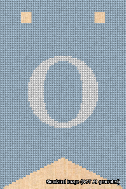 A simulated image of the stitched needlepoint design: Banner 18m Forked O White on Light Blue. Not A.I. generated.