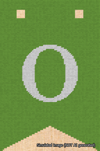 A simulated image of the stitched needlepoint design: Banner 18m Forked O White on Light Green. Not A.I. generated.
