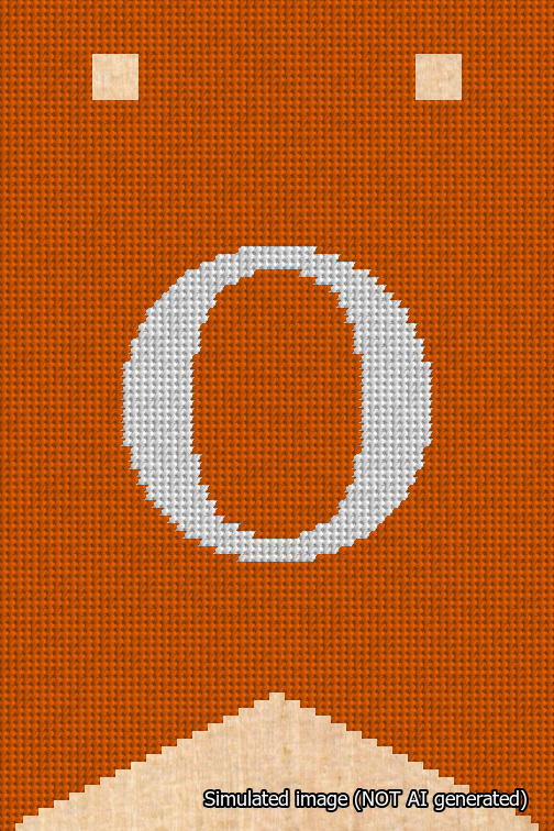 A simulated image of the stitched needlepoint design: Banner 18m Forked O White on Orange. Not A.I. generated.