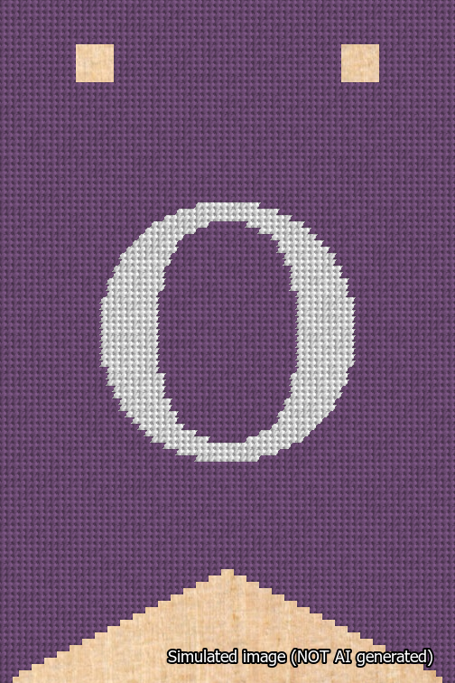A simulated image of the stitched needlepoint design: Banner 18m Forked O White on Purple. Not A.I. generated.