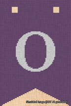 A simulated image of the stitched needlepoint design: Banner 18m Forked O White on Purple. Not A.I. generated.