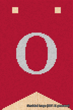 A simulated image of the stitched needlepoint design: Banner 18m Forked O White on Red. Not A.I. generated.