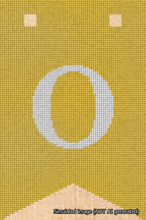 A simulated image of the stitched needlepoint design: Banner 18m Forked O White on Yellow. Not A.I. generated.
