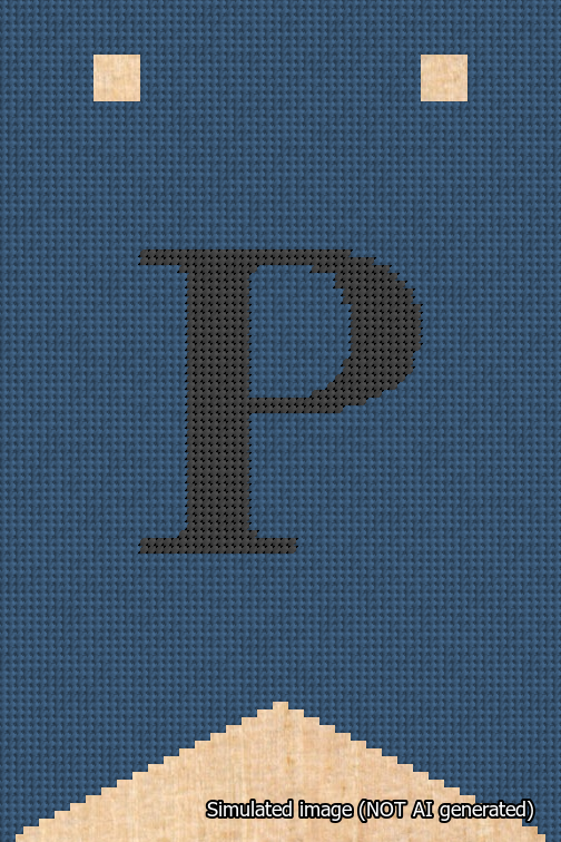A simulated image of the stitched needlepoint design: Banner 18m Forked P Black on Blue. Not A.I. generated.