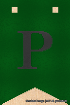 A simulated image of the stitched needlepoint design: Banner 18m Forked P Black on Green. Not A.I. generated.