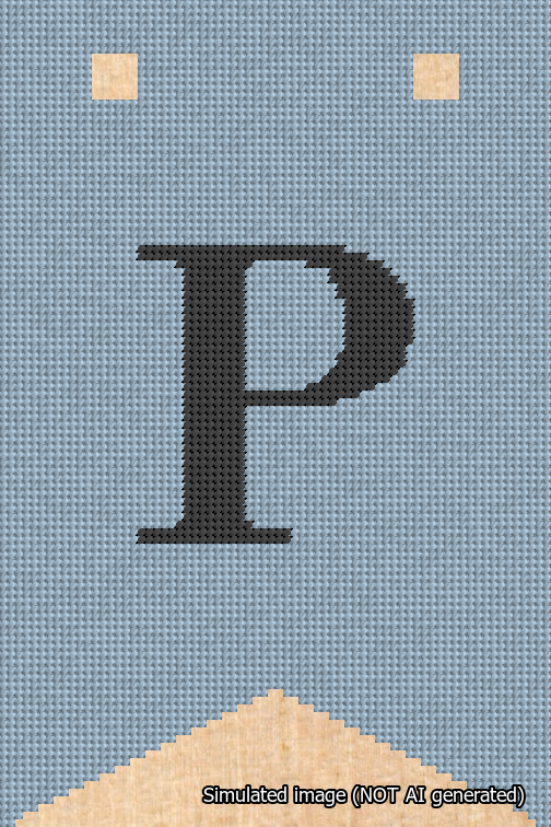 A simulated image of the stitched needlepoint design: Banner 18m Forked P Black on Light Blue. Not A.I. generated.