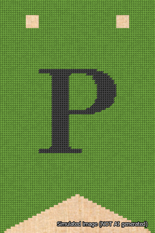 A simulated image of the stitched needlepoint design: Banner 18m Forked P Black on Light Green. Not A.I. generated.