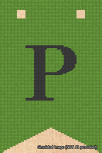 A simulated image of the stitched needlepoint design: Banner 18m Forked P Black on Light Green. Not A.I. generated.