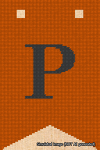 A simulated image of the stitched needlepoint design: Banner 18m Forked P Black on Orange. Not A.I. generated.