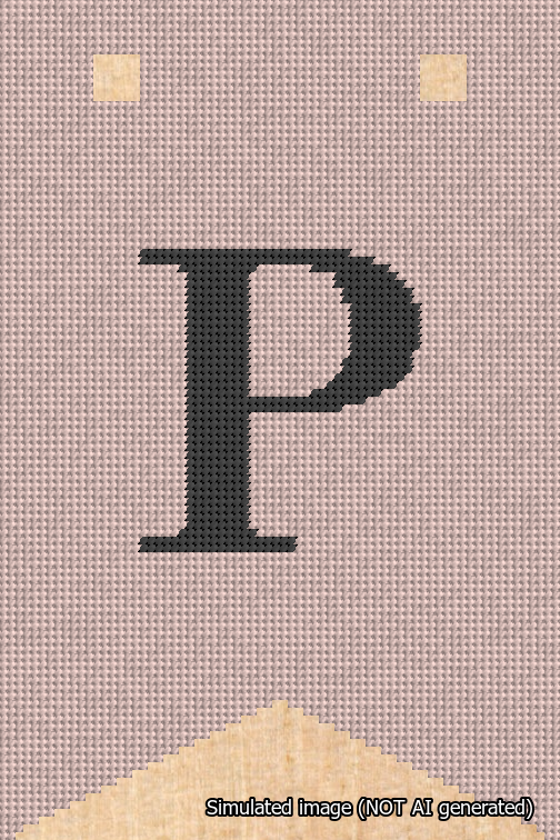 A simulated image of the stitched needlepoint design: Banner 18m Forked P Black on Pink. Not A.I. generated.