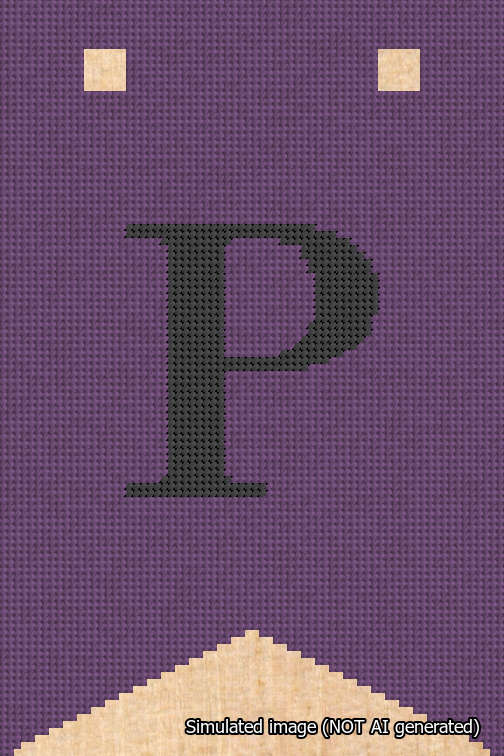 A simulated image of the stitched needlepoint design: Banner 18m Forked P Black on Purple. Not A.I. generated.