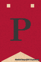 A simulated image of the stitched needlepoint design: Banner 18m Forked P Black on Red. Not A.I. generated.