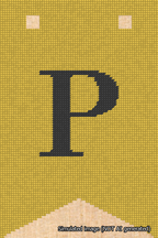 A simulated image of the stitched needlepoint design: Banner 18m Forked P Black on Yellow. Not A.I. generated.