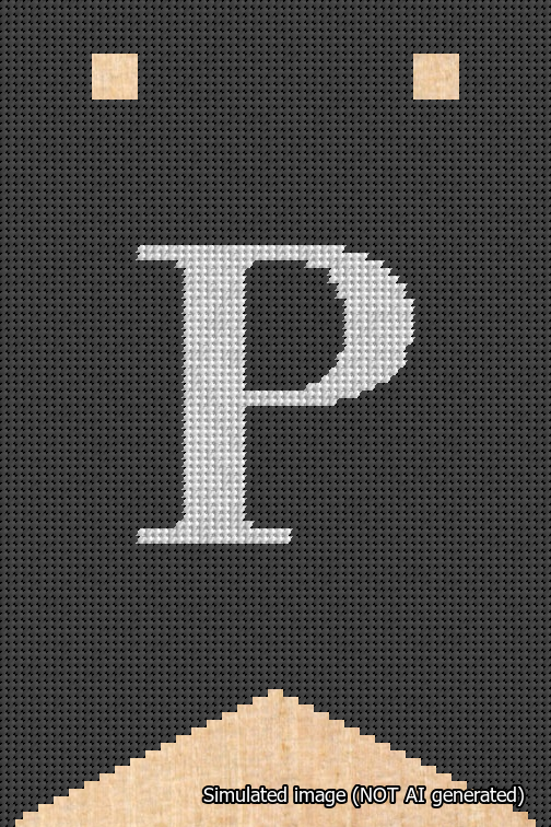 A simulated image of the stitched needlepoint design: Banner 18m Forked P White on Black. Not A.I. generated.