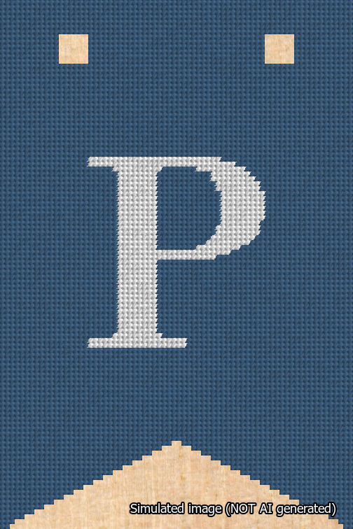 A simulated image of the stitched needlepoint design: Banner 18m Forked P White on Blue. Not A.I. generated.