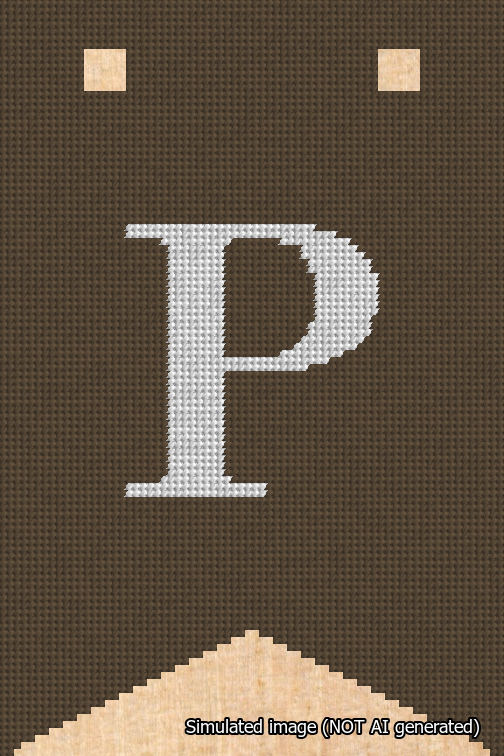 A simulated image of the stitched needlepoint design: Banner 18m Forked P White on Brown. Not A.I. generated.