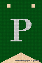 A simulated image of the stitched needlepoint design: Banner 18m Forked P White on Green. Not A.I. generated.