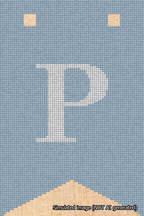 A simulated image of the stitched needlepoint design: Banner 18m Forked P White on Light Blue. Not A.I. generated.