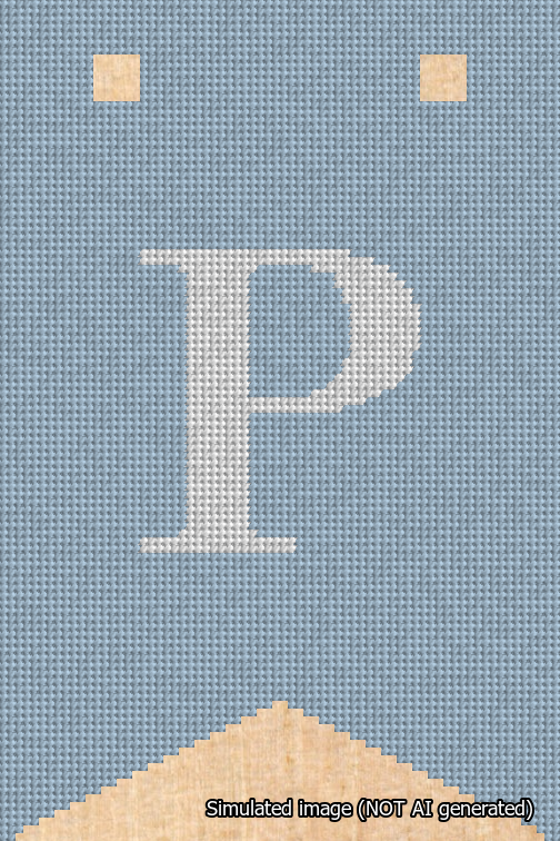 A simulated image of the stitched needlepoint design: Banner 18m Forked P White on Light Blue. Not A.I. generated.