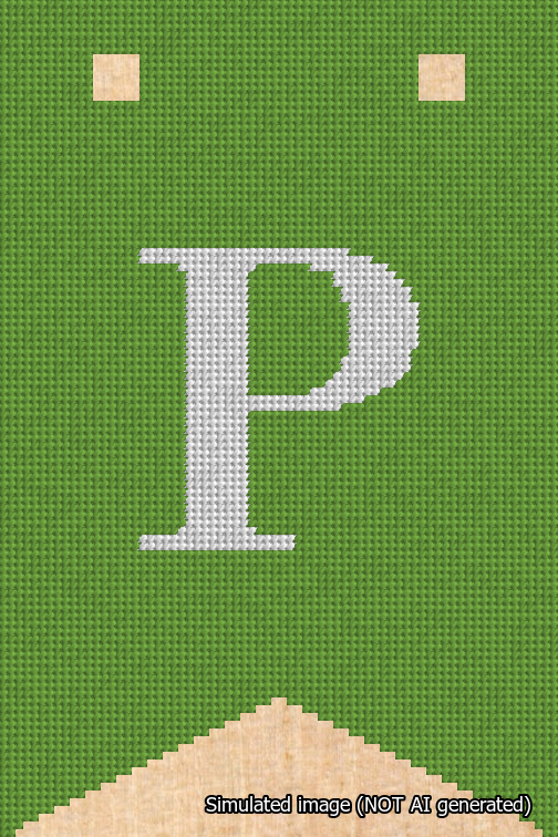 A simulated image of the stitched needlepoint design: Banner 18m Forked P White on Light Green. Not A.I. generated.