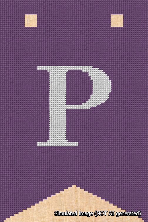 A simulated image of the stitched needlepoint design: Banner 18m Forked P White on Purple. Not A.I. generated.