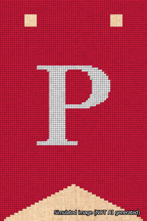 A simulated image of the stitched needlepoint design: Banner 18m Forked P White on Red. Not A.I. generated.