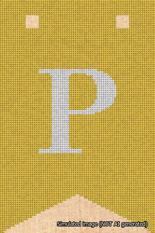 A simulated image of the stitched needlepoint design: Banner 18m Forked P White on Yellow. Not A.I. generated.