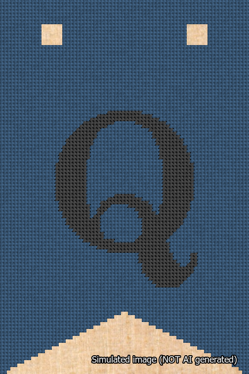 A simulated image of the stitched needlepoint design: Banner 18m Forked Q Black on Blue. Not A.I. generated.