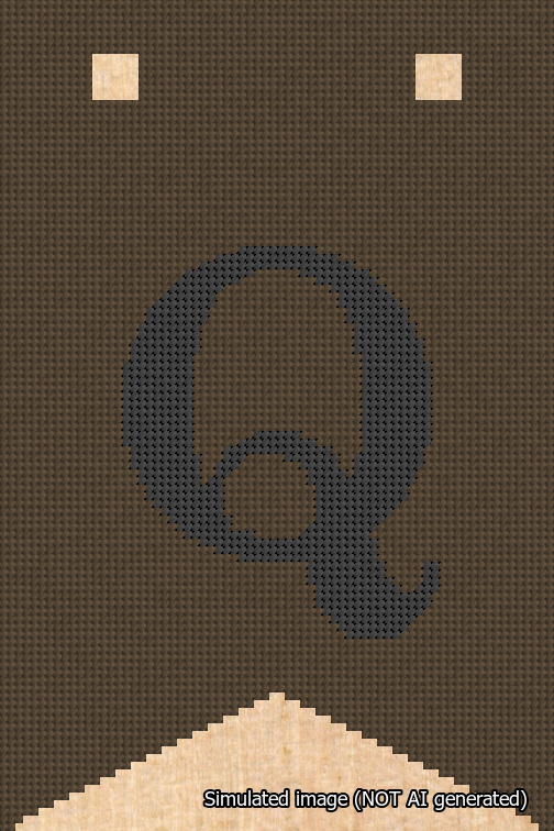 A simulated image of the stitched needlepoint design: Banner 18m Forked Q Black on Brown. Not A.I. generated.
