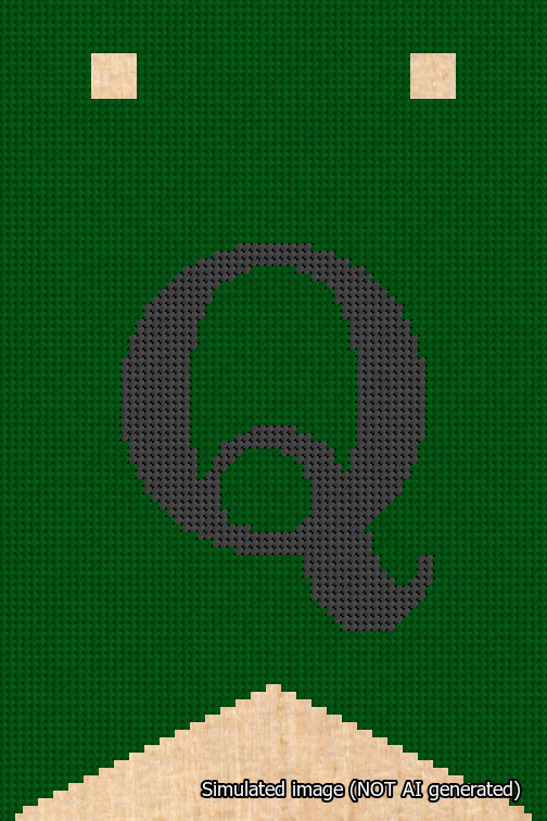 A simulated image of the stitched needlepoint design: Banner 18m Forked Q Black on Green. Not A.I. generated.