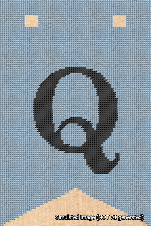 A simulated image of the stitched needlepoint design: Banner 18m Forked Q Black on Light Blue. Not A.I. generated.