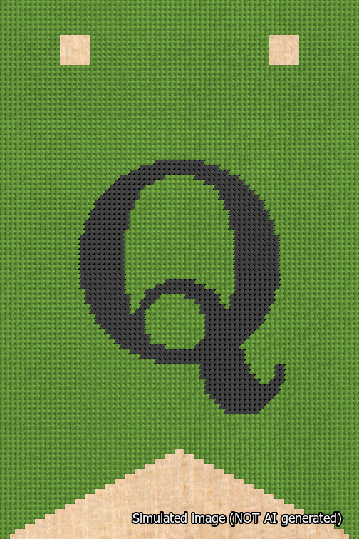 A simulated image of the stitched needlepoint design: Banner 18m Forked Q Black on Light Green. Not A.I. generated.