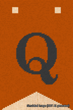 A simulated image of the stitched needlepoint design: Banner 18m Forked Q Black on Orange. Not A.I. generated.