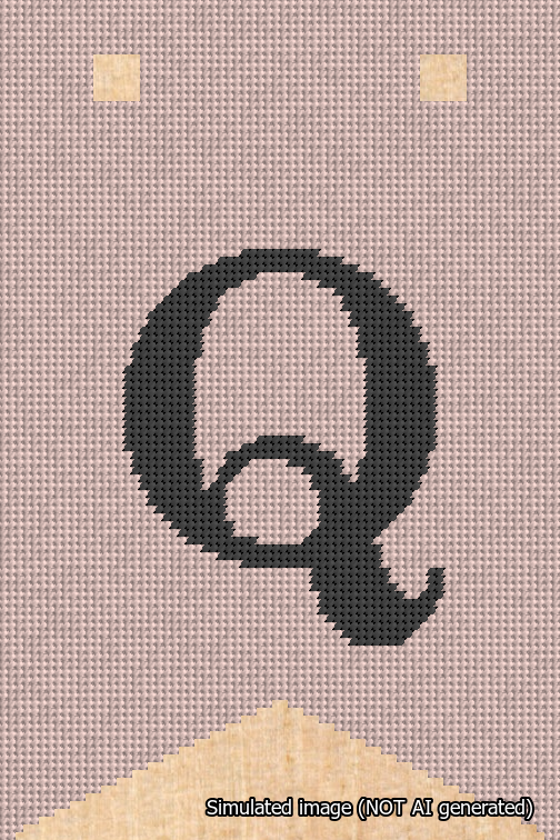 A simulated image of the stitched needlepoint design: Banner 18m Forked Q Black on Pink. Not A.I. generated.