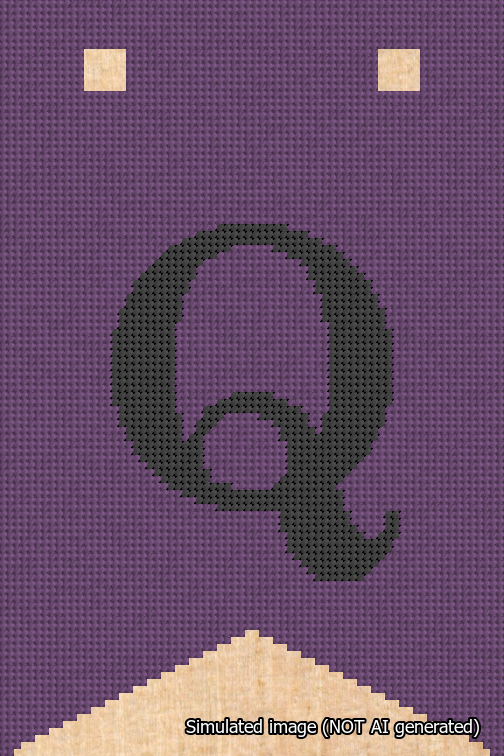 A simulated image of the stitched needlepoint design: Banner 18m Forked Q Black on Purple. Not A.I. generated.