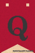 A simulated image of the stitched needlepoint design: Banner 18m Forked Q Black on Red. Not A.I. generated.